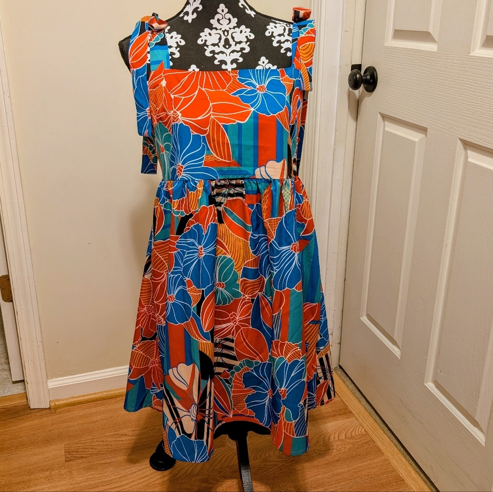 Kojooin Bright Multicolor Floral Sundress With Tie Shoulder Straps, Size Medium